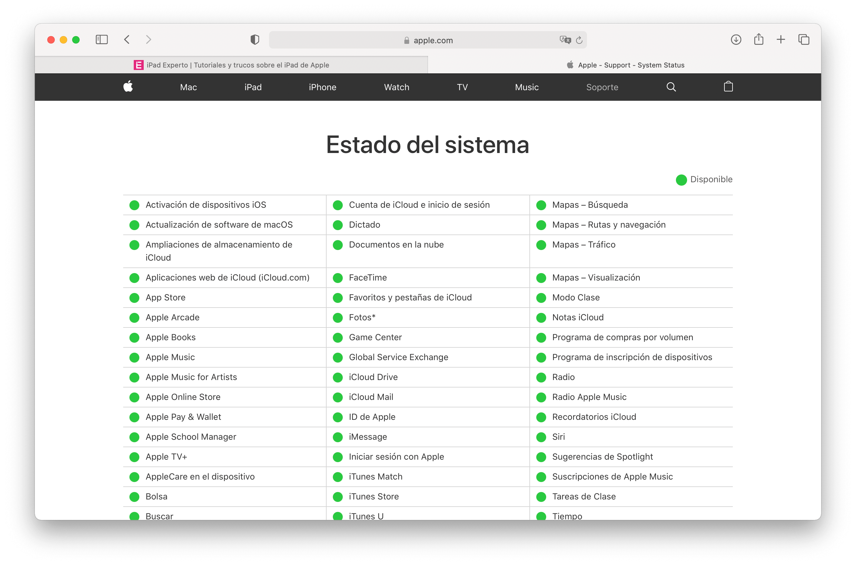 Página web de estado del sistema de Apple