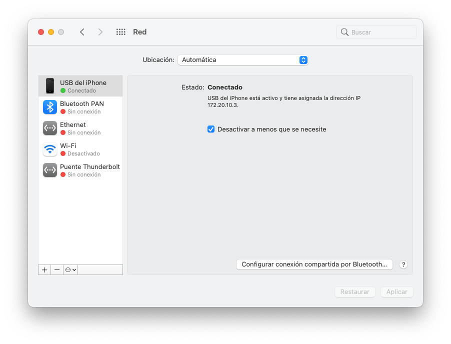 Compartir conexión de datos a Internet del iPhone con el Mac