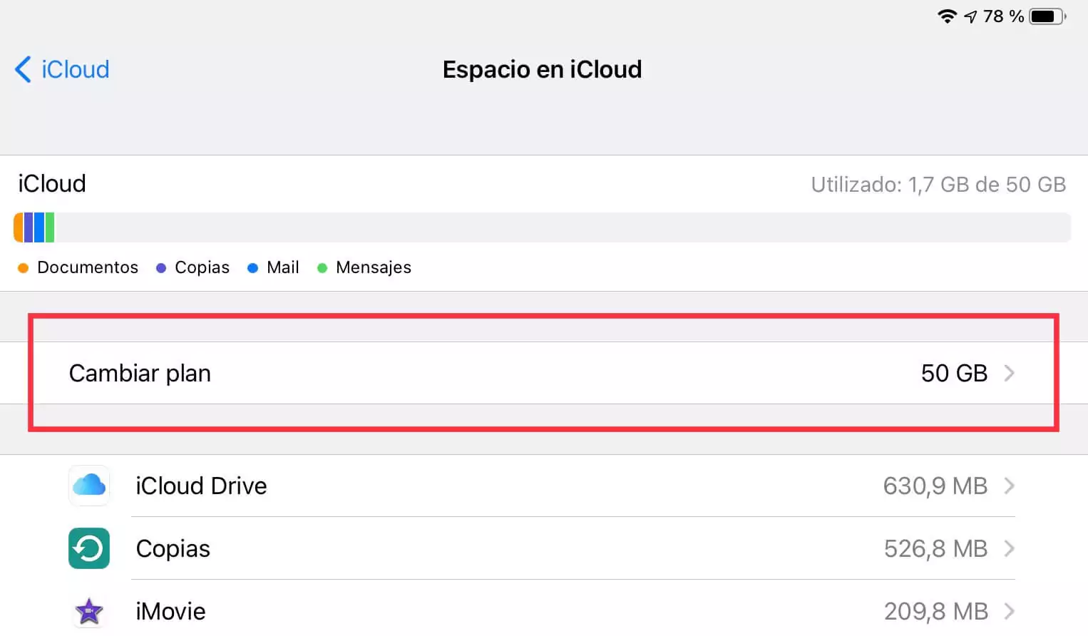 Cambiar el plan de almacenamiento de iCloud