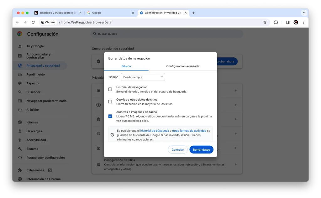 Borrar caché en Google Chrome para Mac