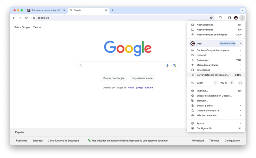 Borrar datos de navegación en Google Chrome para Mac