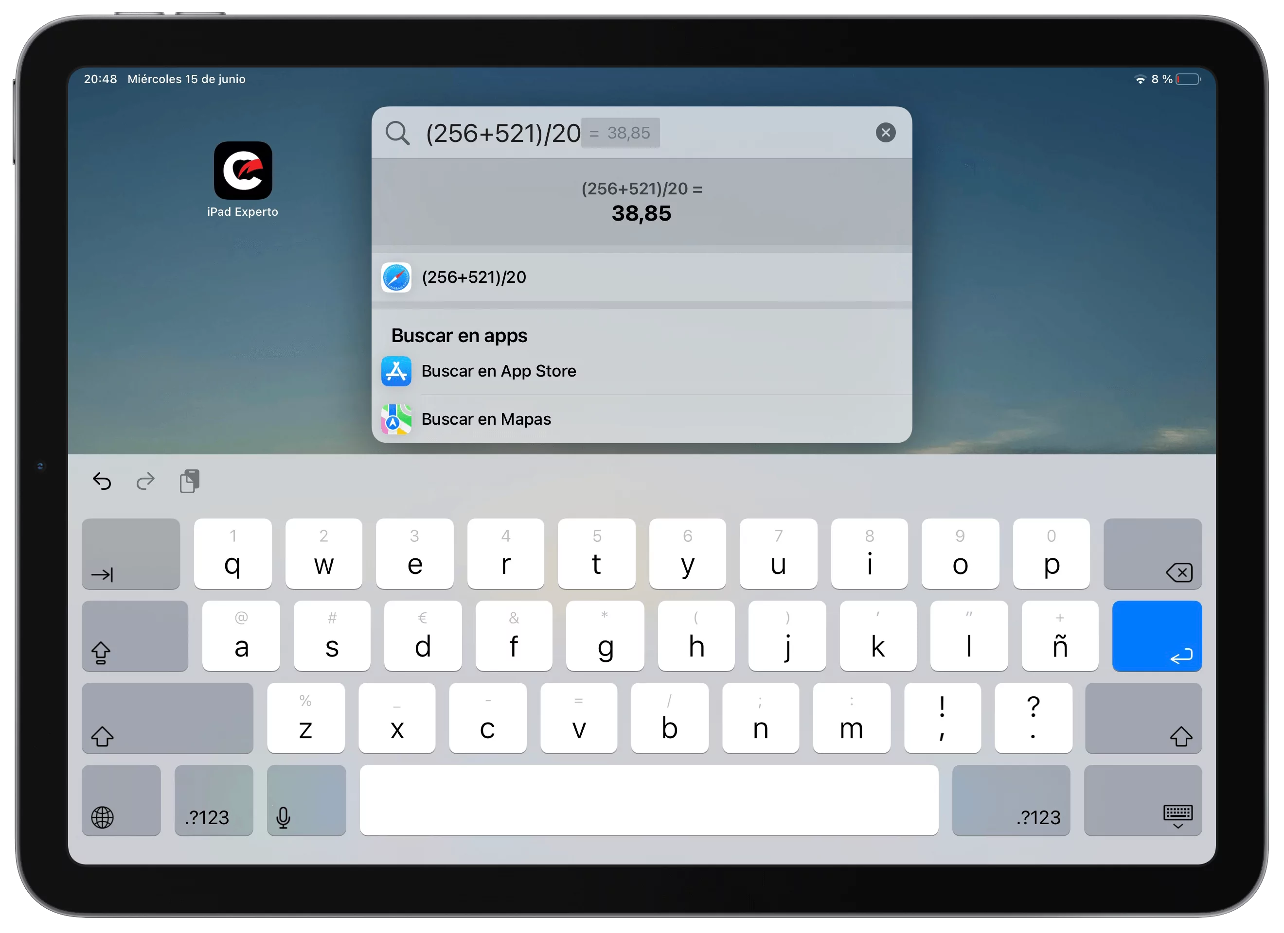 Calculadora oculta del iPad en la búsqueda Spotlight