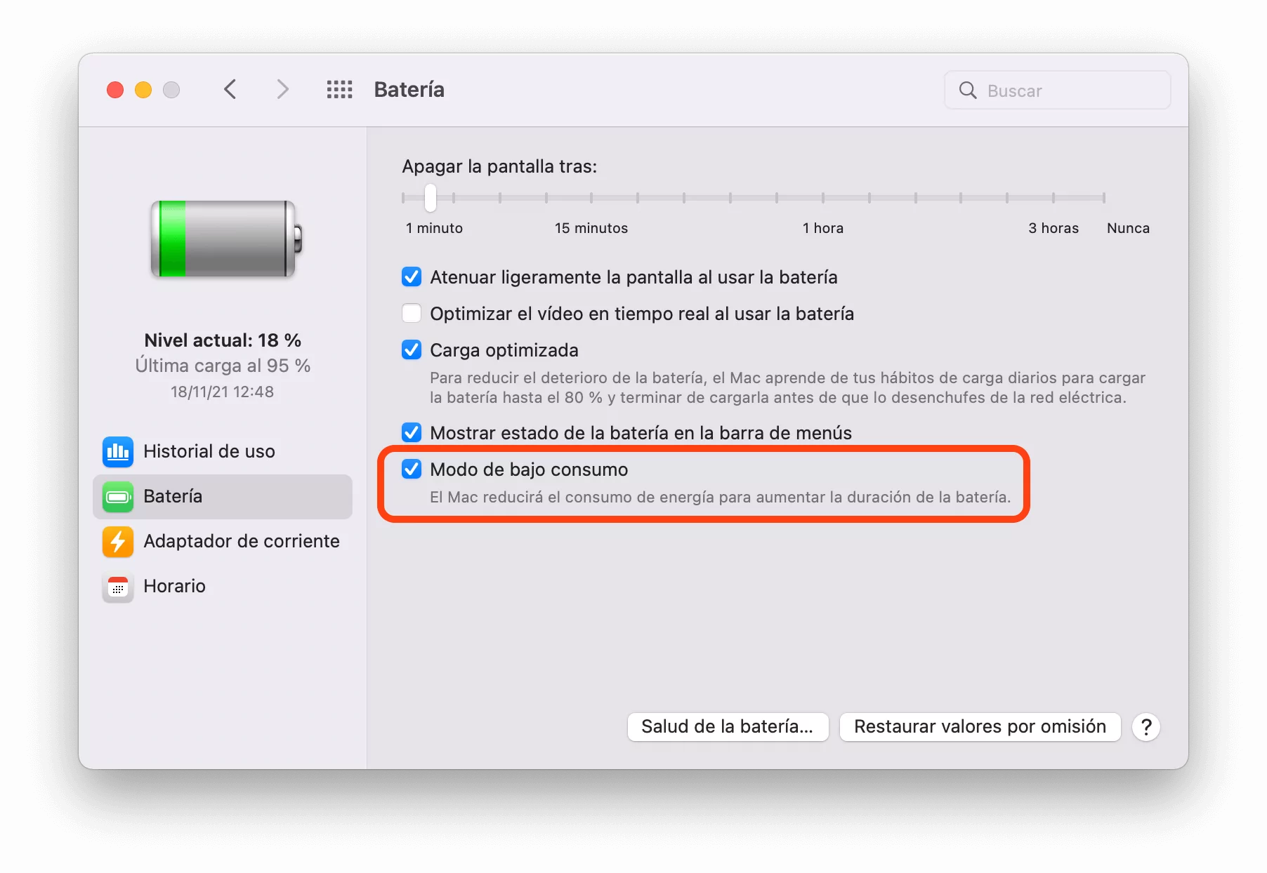 Activar modo de bajo consumo de batería en MacBook