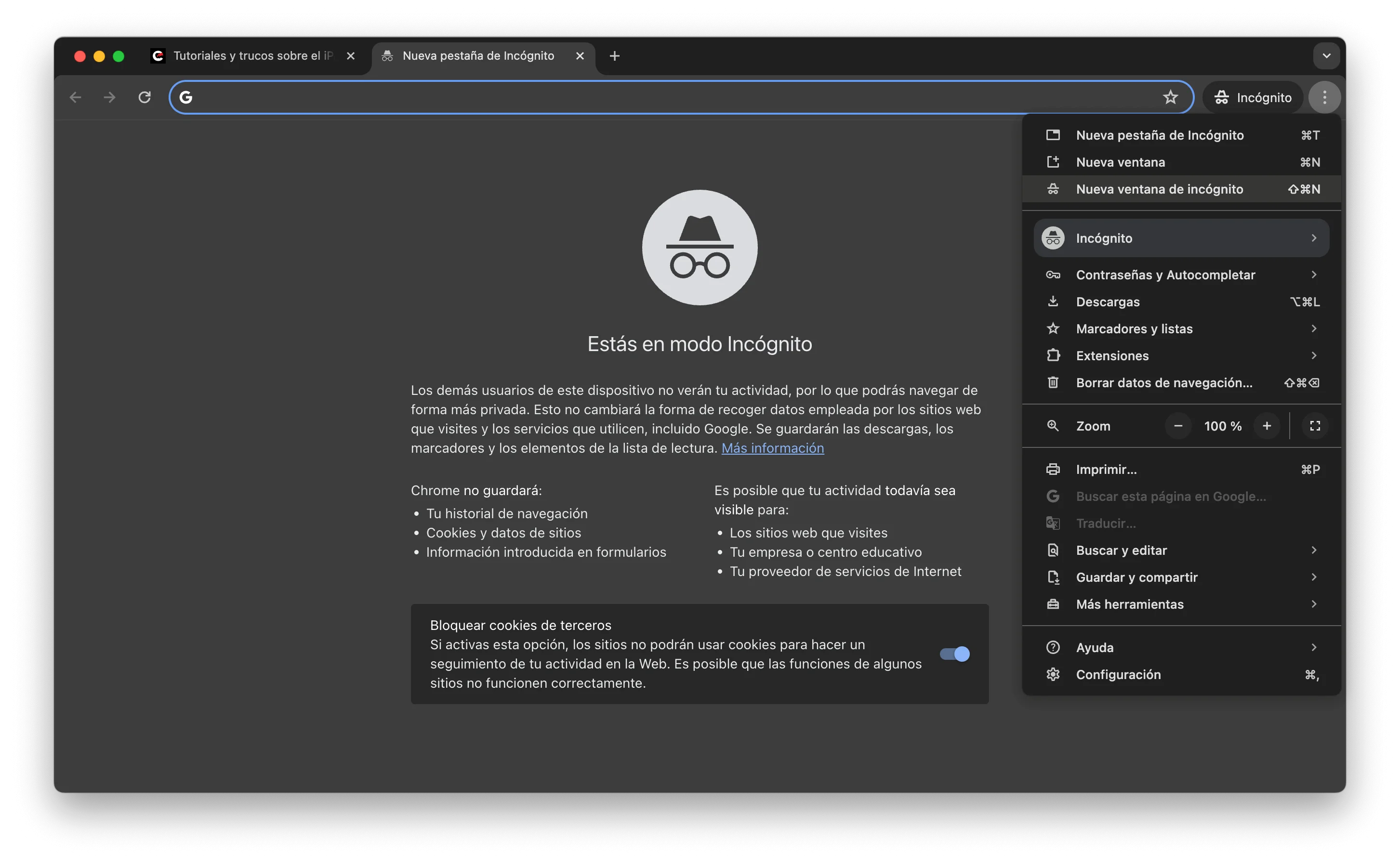 Modo incógnito en Google Chrome para Mac